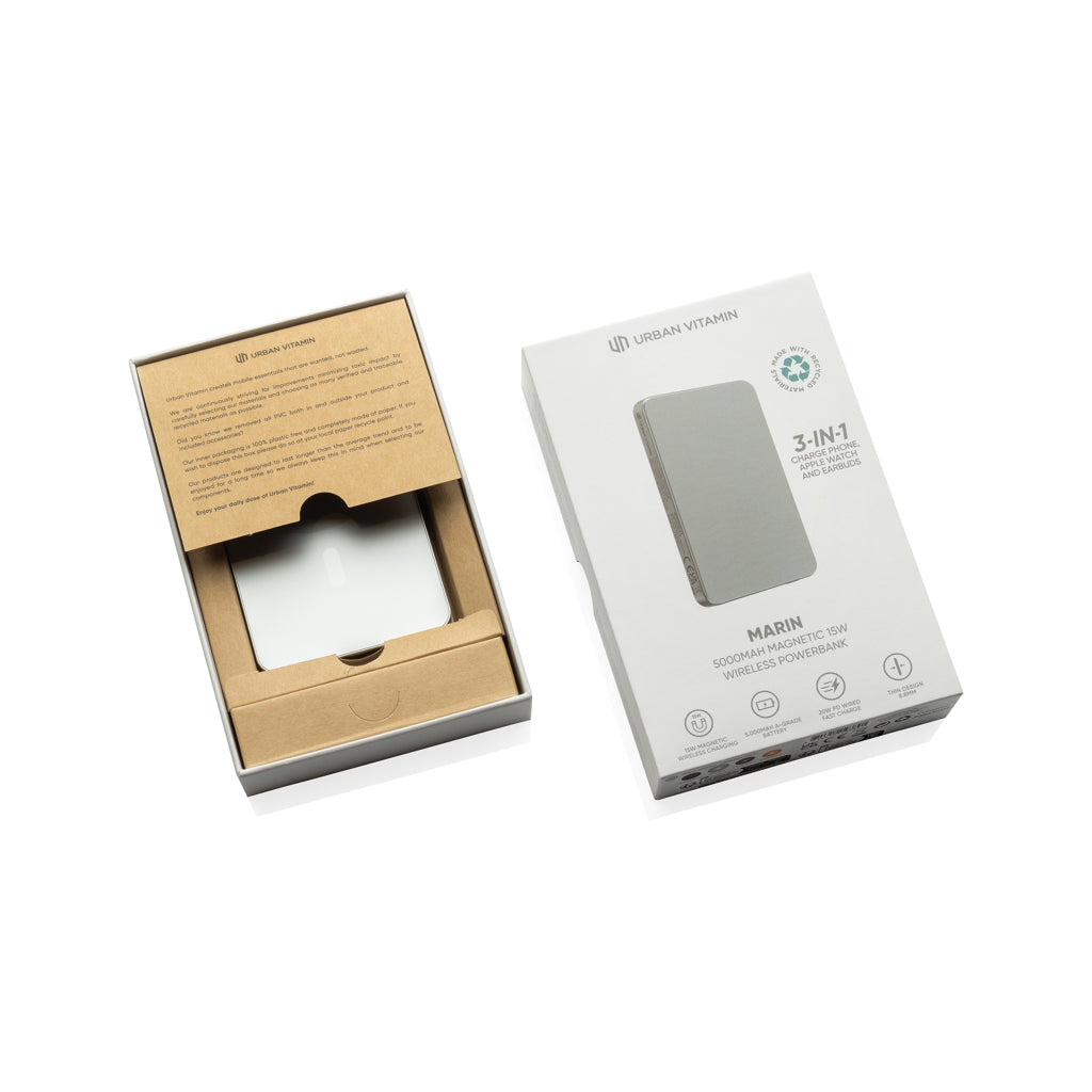 Urban Vitamin Marin 5.000mAh magnet. 15W Wireless Powerbank als Werbeartikel mit Logo