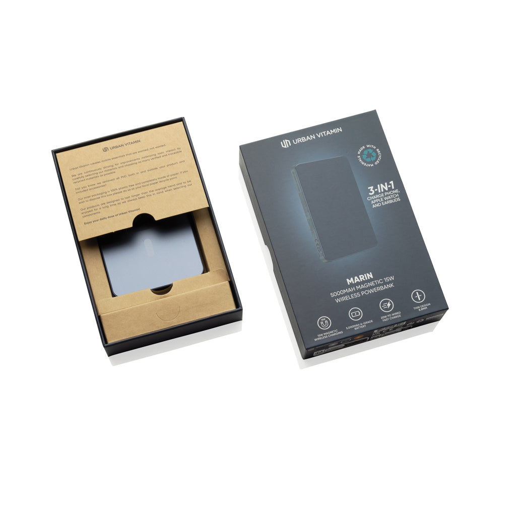Urban Vitamin Marin 5.000mAh magnet. 15W Wireless Powerbank als Werbeartikel mit Logo