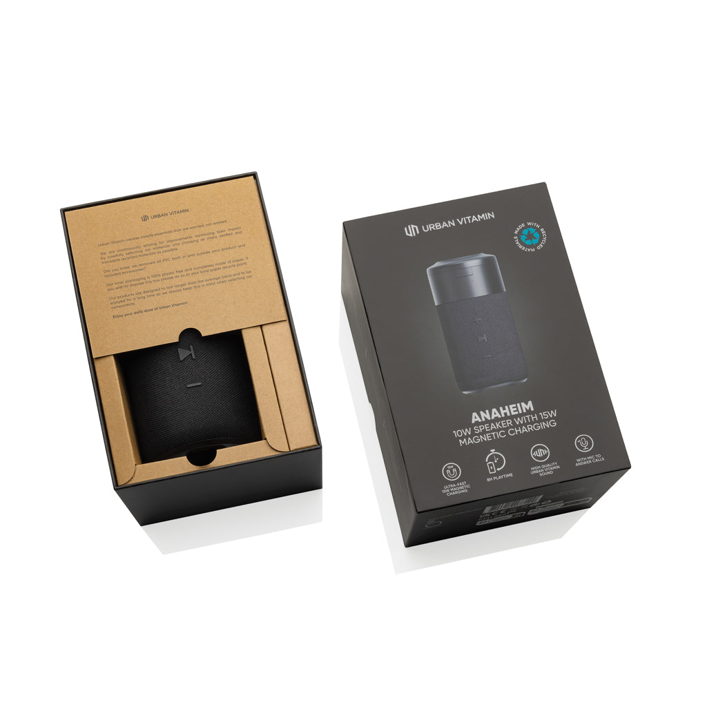 Urban Vitamin Anaheim RCS recycelter 10W Speaker,15W Charger als Werbeartikel mit Logo