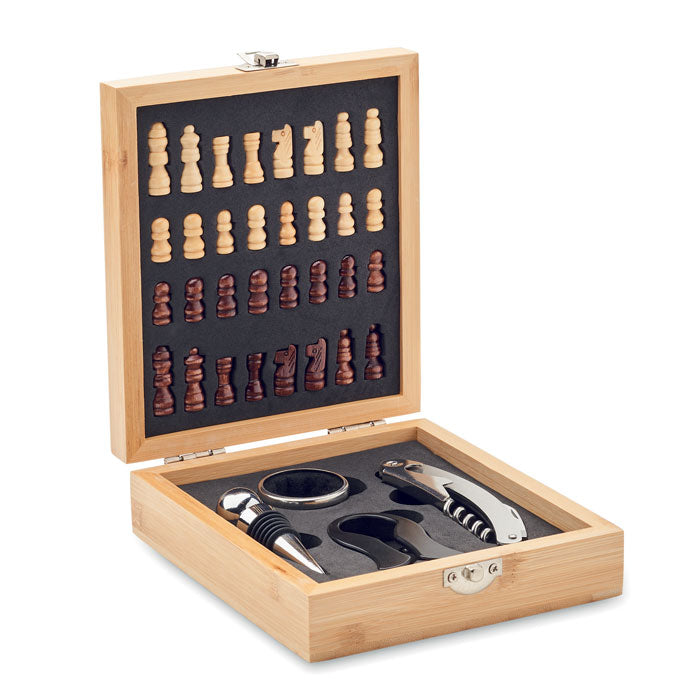 CHESSET Weinset mit Schachspiel – Holz