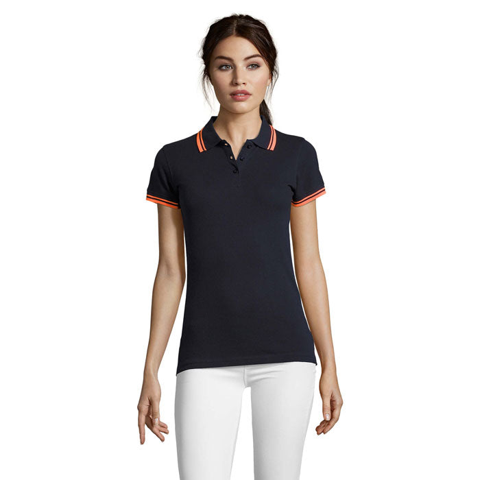 PASADENA WOMEN PASADENA Damen Polo 200g – Marineblau/Neonorange – Größe L