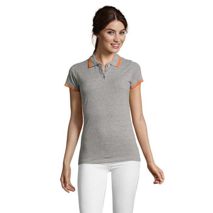 PASADENA WOMEN PASADENA Damen Polo 200g – Melange Grau/Orange – Größe L